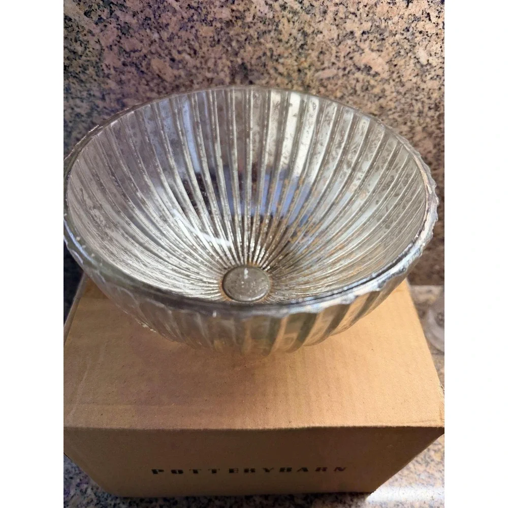 Pottery Barn Silver Mercury Glass Bowl Ribbed Decorative Centerpiece India